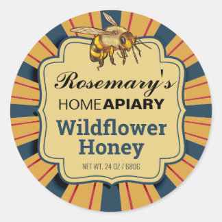 Adesivo Redondo Honey Bee Sunburst Modern Dourado Honey Jar Labels