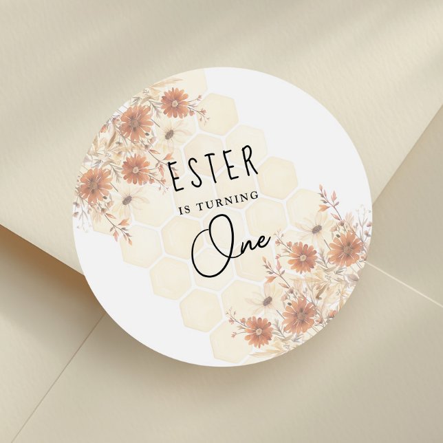 Adesivo Redondo Honey Boho Wildflower Primeiro Aniversário (Criador carregado)