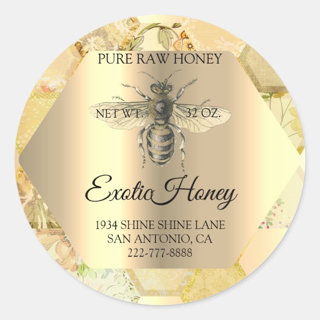 Adesivo Redondo Honey Jar Honeybee Honeycomb Abelhas Apiary Organi (Frente)