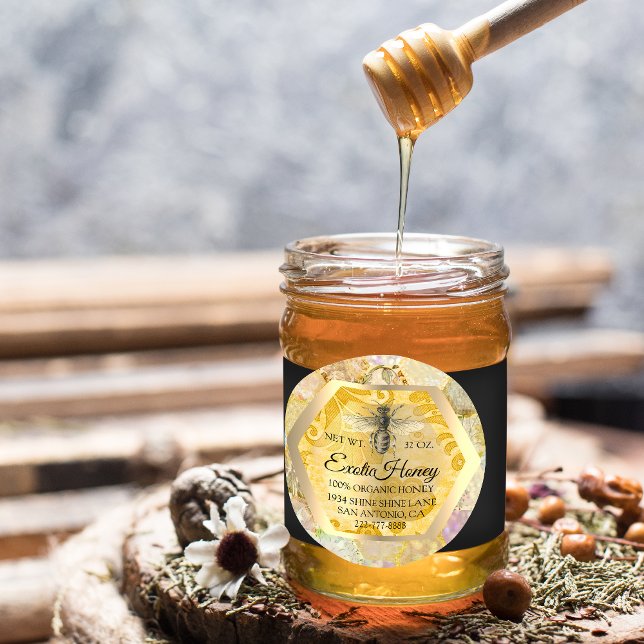 Adesivo Redondo Honey Jar Honeybee Honeycomb Apiary Glitter DOURAD (Criador carregado)