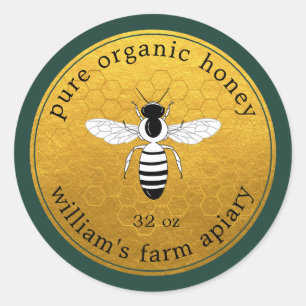 Adesivo Redondo Honey Jar Label Bee Apiary Dourada Honeycomb Green