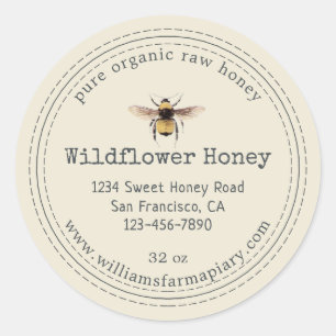 Adesivo Redondo Honey Jar Label Honeybee Apiary Antique White
