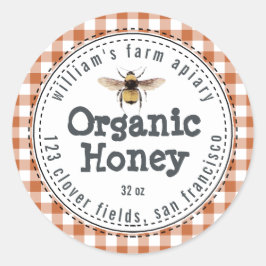 Adesivo Redondo Honey Jar Label Honeybee Apiary Burnt Orange Check