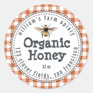 Adesivo Redondo Honey Jar Label Honeybee Apiary Burnt Orange Check