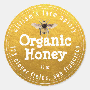Adesivo Redondo Honey Jar Label Honeybee Apiary Classic Dourado