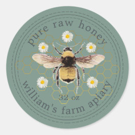 Adesivo Redondo Honey Jar Label Honeybee Apiary Dusty Green