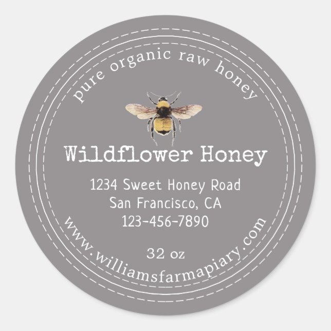 Adesivo Redondo Honey Jar Label Honeybee Apiary Flannel Cinza (Frente)