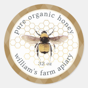 Adesivo Redondo Honey Jar Label Honeybee Apiary Honeycomb Dourado