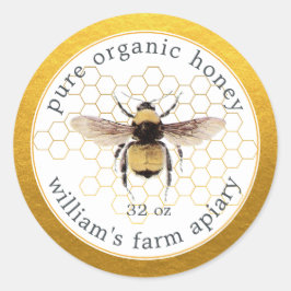 Adesivo Redondo Honey Jar Label Honeybee Apiary Honeycomb Dourado