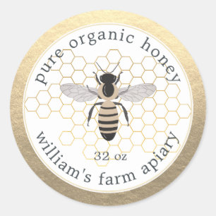 Adesivo Redondo Honey Jar Label Honeybee Apiary Honeycomb Dourado
