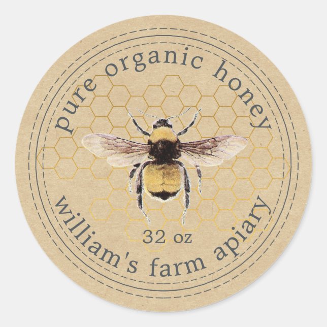 Adesivo Redondo Honey Jar Label Honeybee Apiary Honeycomb Kraft (Frente)