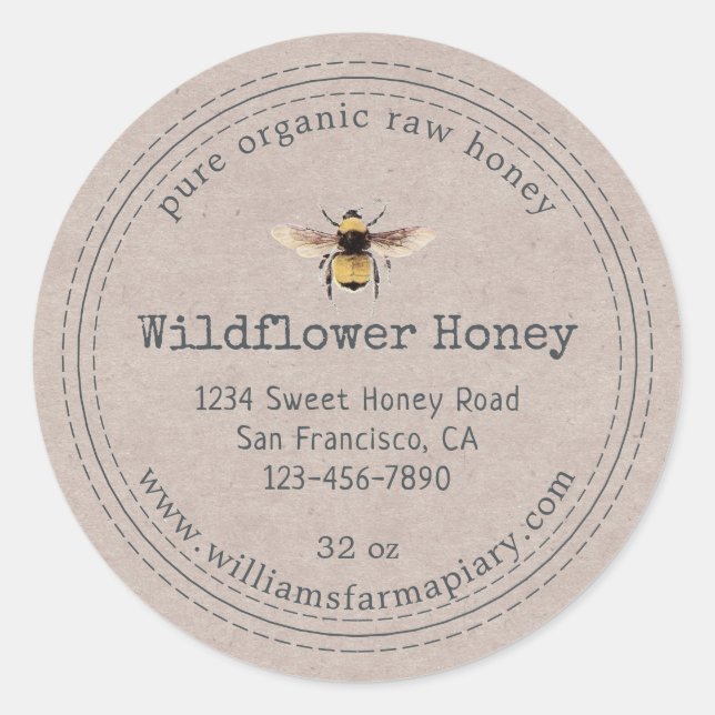 Adesivo Redondo Honey Jar Label Honeybee Apiary Kraft Paper (Frente)