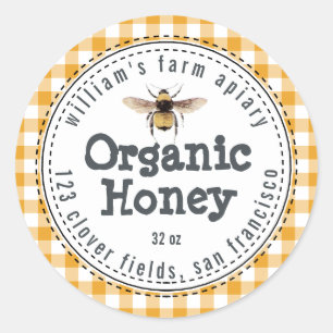 Adesivo Redondo Honey Jar Label Honeybee Apiary Yellow Check