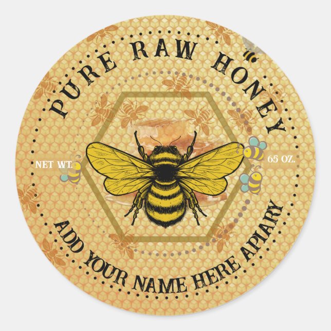 Adesivo Redondo Honey Jar Stickers | Bee & Honeycomb Apiary Labels (Frente)