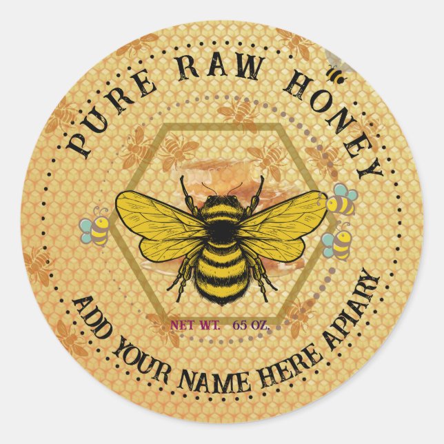Adesivo Redondo Honey Jar Stickers | Bee & Honeycomb Apiary Labels (Frente)