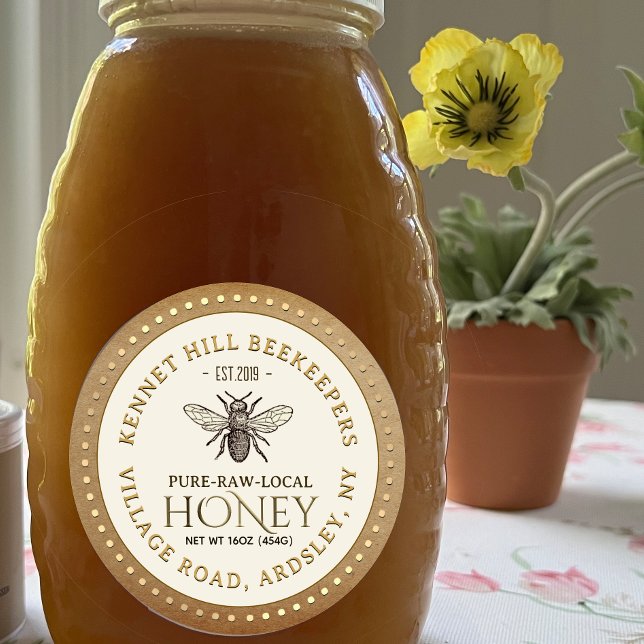 Adesivo Redondo Honey Label Kraft Dotted Border French Bee (Criador carregado)