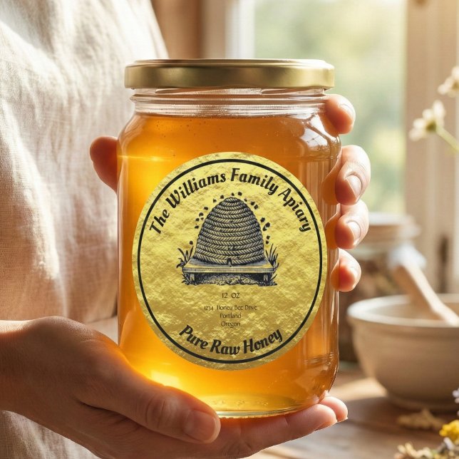 Adesivo Redondo Honeybee Honey Faux Dourado Jar Apiary Label | Mel (Criador carregado)