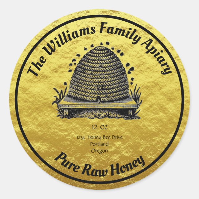 Adesivo Redondo Honeybee Honey Faux Dourado Jar Apiary Label | Mel (Frente)