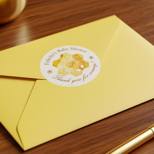 Adesivo Redondo Honeycomb Aquarela Flor e Chá de fraldas de Abelha (Honeycomb Watercolor Flower & Bee Baby Shower Classic Round Sticker)