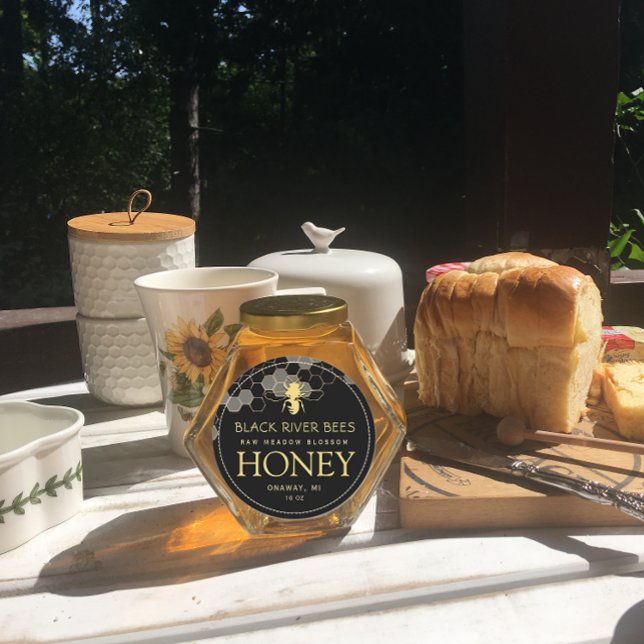 Adesivo Redondo Honeycomb & Bebê Raw Raw Rótulo de Mel Preto (Criador carregado)