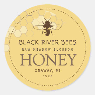 Adesivo Redondo Honeycomb & Bebê Raw Rótulo de Mel Amarelo