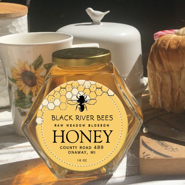 Adesivo Redondo Honeycomb & Bee Raw Honey Honey Honey Label Proven (Criador carregado)