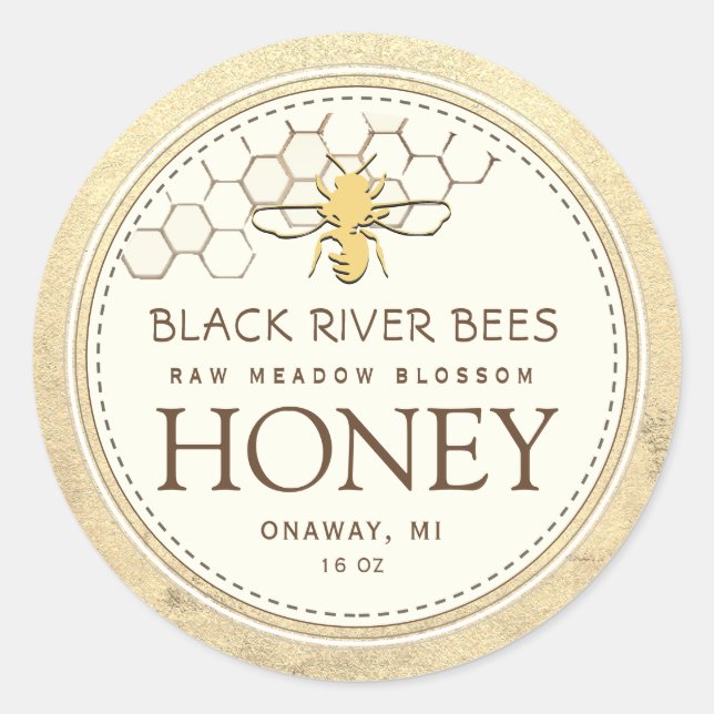 Adesivo Redondo Honeycomb & Bee Raw Mel Iridescente Borda Amarela (Frente)