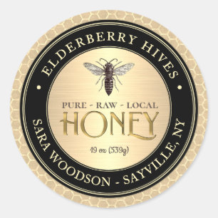 Adesivo Redondo Honeycomb Black Dourado Honey Label Vintage Queen