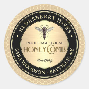 Adesivo Redondo Honeycomb Black Dourado Honey Label Vintage Queen