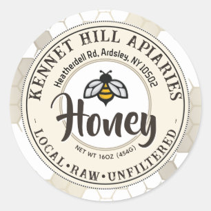 Adesivo Redondo Honeycomb & Cute Bee Raw Honey Label Ivory