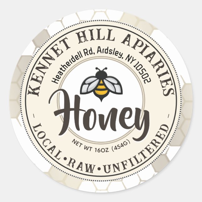 Adesivo Redondo Honeycomb & Cute Bee Raw Honey Label Ivory (Frente)
