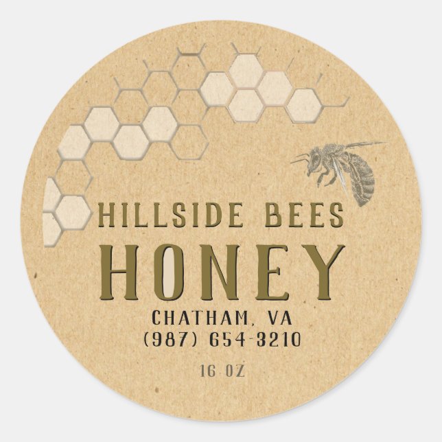 Adesivo Redondo Honeycomb e Bee Honey Label Kraft (Frente)