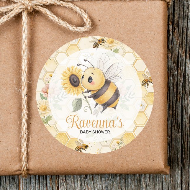 Adesivo Redondo Honeycomb Floral Bee Custom Name Baby Shower (Criador carregado)