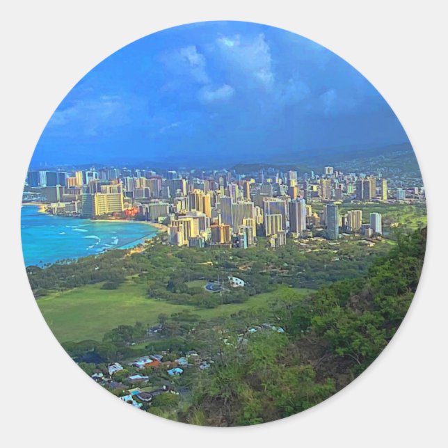 Adesivo Redondo Honolulu, Hawaii Skyline nº 1 Stickers (Frente)