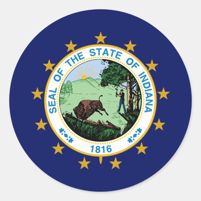 Adesivo Redondo Hoosier Flag & Seal, Flag of Indiana (Frente)