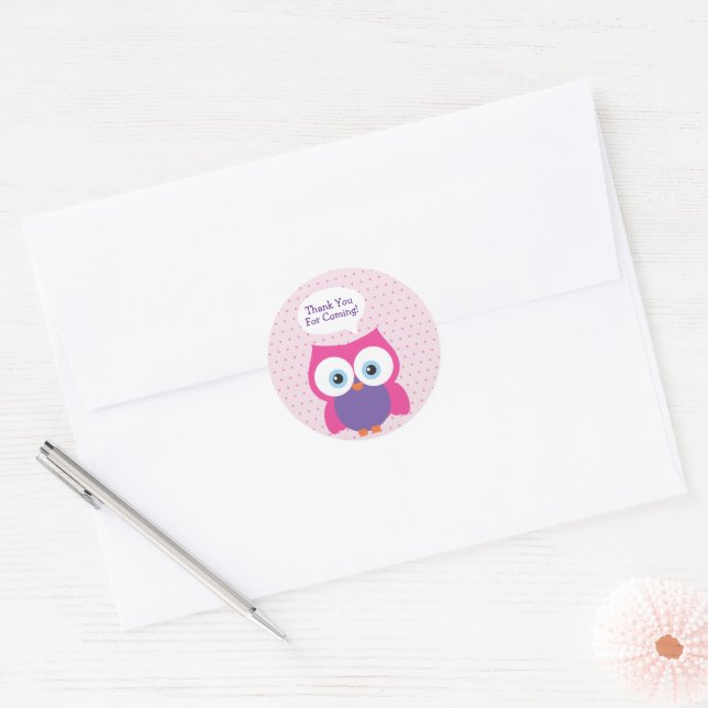 Adesivo Redondo Hoot Owl Girl Pink Obrigado por vir (Envelope)