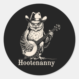 Adesivo Redondo Hootenanny Owl Tocando Banjo Guitarra Vin