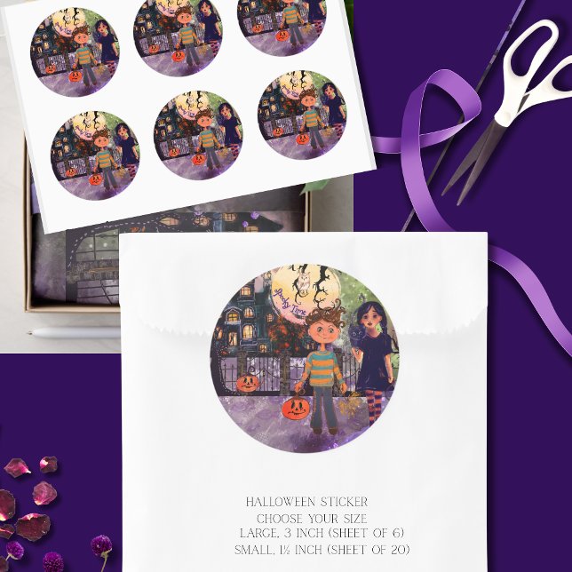 Adesivo Redondo Hora Assustadora Crianças de Monstros no Halloween (Spooky Time Monster Kids Halloween Classic Round Sticker)