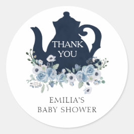 Adesivo Redondo Hora do Chá Azul Baby Shower Obrigado