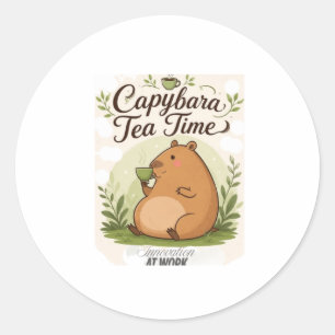 Adesivo Redondo Hora do Chá do Capivara Capivara Fofa Bebendo Ch
