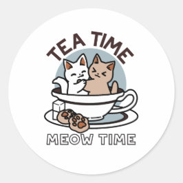 Adesivo Redondo Hora do Tea Meow - Design de Gato e Chá