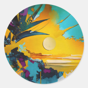 Adesivo Redondo Horizonte Dourado – Pôr do Sol Tropical Abstrato