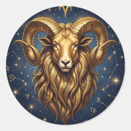Adesivo Redondo Horoscope Sign Aries Golden Ram and Stars
