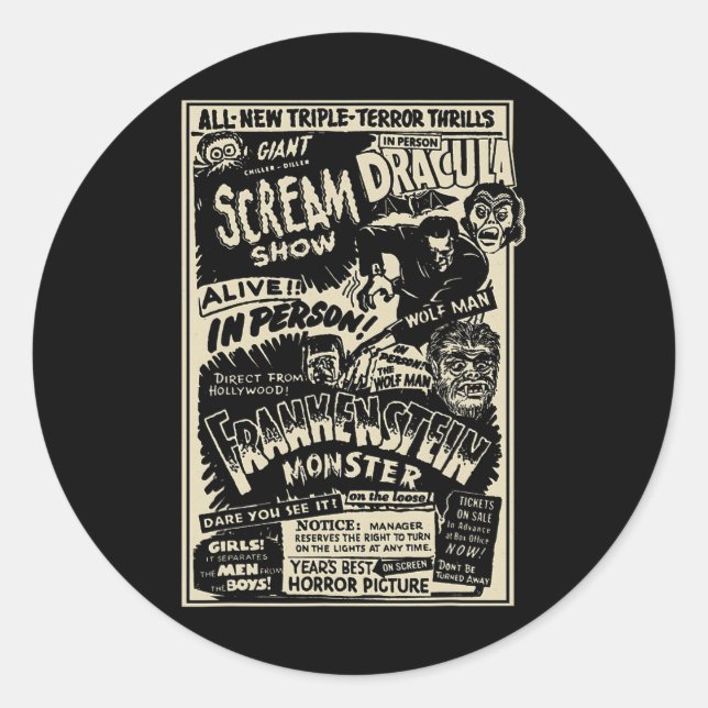 Adesivo Redondo Horror Movie Monster Mummy Dracula Werewolf Franke (Frente)