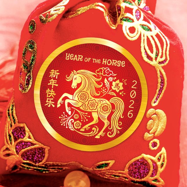 Adesivo Redondo Horse Chinese Lunar New Year Gold Foil Red 2026 (Criador carregado)