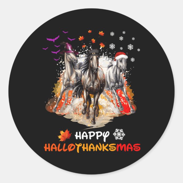 Adesivo Redondo Horse Halloween And Merry Christmas Happy Hallotha (Frente)