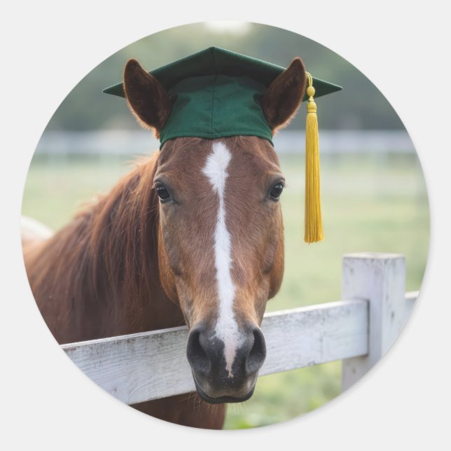 Adesivo Redondo Horse Wearing a Green Graduation Cap (Frente)