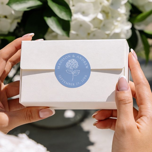 Adesivo Redondo Hortênsia Azul Clássica Casamento Personalizado (Criador carregado)