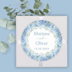 Adesivo Redondo Hortênsias Azuis Casamento Floral Aquarela