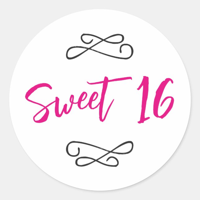 Adesivo Redondo Hot Pink Chic Doodle Modern Script Sweet 16 (Frente)